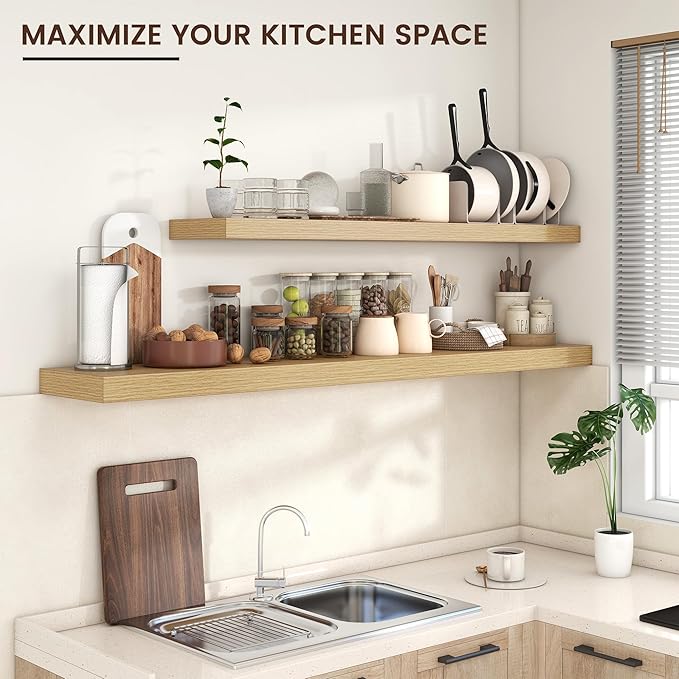 Floating Shelves for Wall 55"W x 10"D x 1.5"H, Long Engineered Wood Wall Shelves with Invisible Brackets for Living Room Bedroom Bathroom Office Kitchen Decor and Storage, Oak Finish, Set of 1