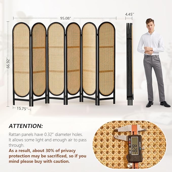 6 Panel Room Divider, Hand-Woven Rattan Room Divider Screen, Folding Privacy Screens with Double Hinges, Wooden Freestanding Wall Divider for Room Separation Bedroom Home Office - Black
