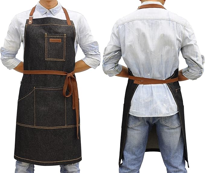 Apron with Pockets, Mens Womens Chef Bib Apron for Kitchen Cooking Grill BBQ Baking Server with Towel Loop