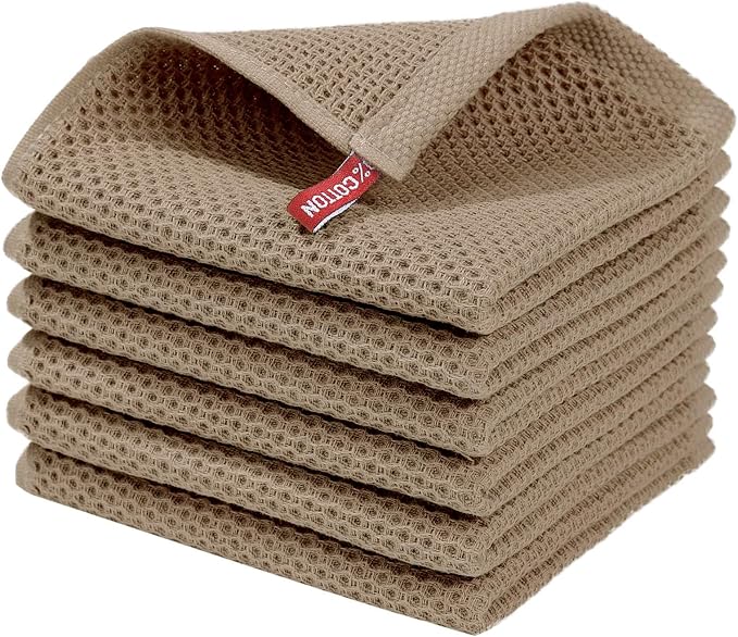 Homaxy 100% Cotton Waffle Weave Kitchen Dish Cloths 6-Pack, Tan | 12 x 12 Inches by Homaxy
