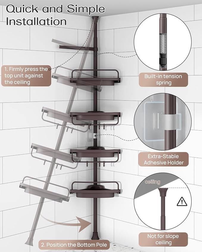 ALLZONE Corner Shower Caddy Tension Pole, Extendable Rustproof Stainless Steel - Image 4