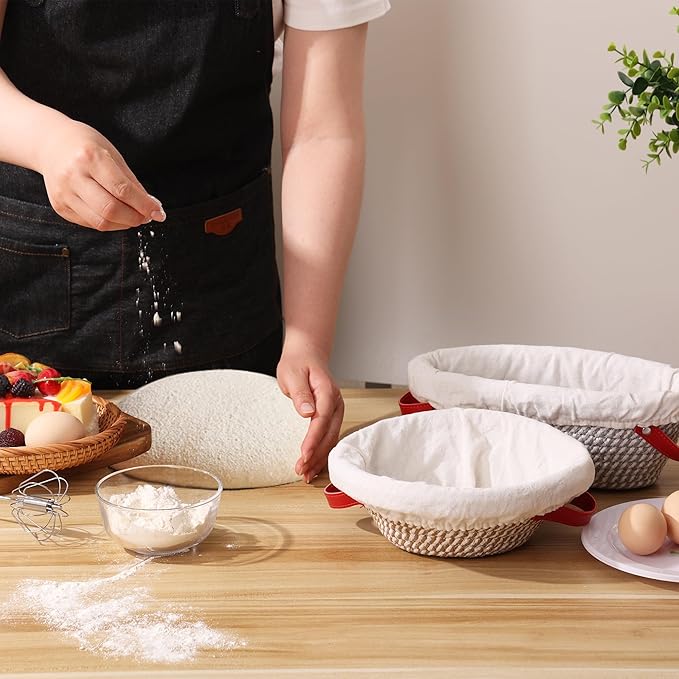 Banneton Bread Proofing Basket - Oval & Round Sourdough Bread Baskets Set - With Liner & Cloth Cover - For Proofing Sourdough Bread & Bread Storage (Grey & Khaki Set) - Cotton Rope