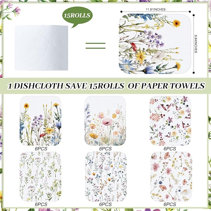 Reusable Kitchen Cloths Cotton Towel, 36 Pack, Wildflowers - Image 3