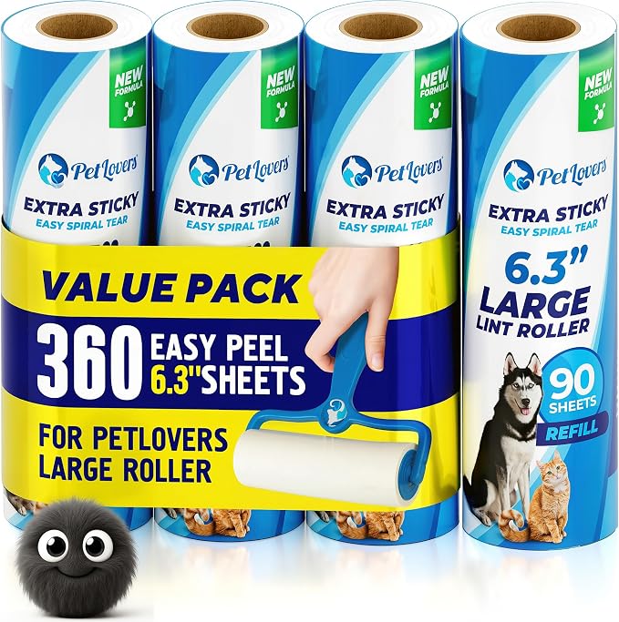 PetLovers 6.3" Extra Sticky Lint Roller 4 Pack of Large Refills Only by PetLovers