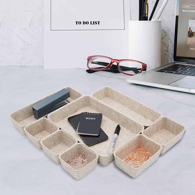 8pc Nordic Felt Desk Drawer Organizer Tray Beige Oatmeal Storage Bin | - Image 4