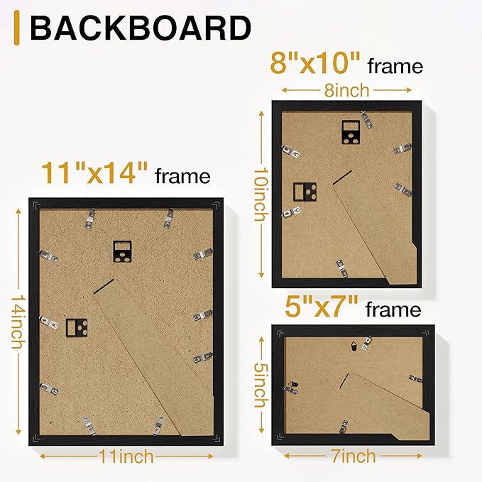 Vittanly Picture Frames Set of 14, Gallery Wall Frame Set with 2Pcs 11x14, 6Pcs 8x10 and 6Pcs 5x7 Photo Frames, Picture Frames Collage Wall Decor for Wall or Tabletop Display, Black