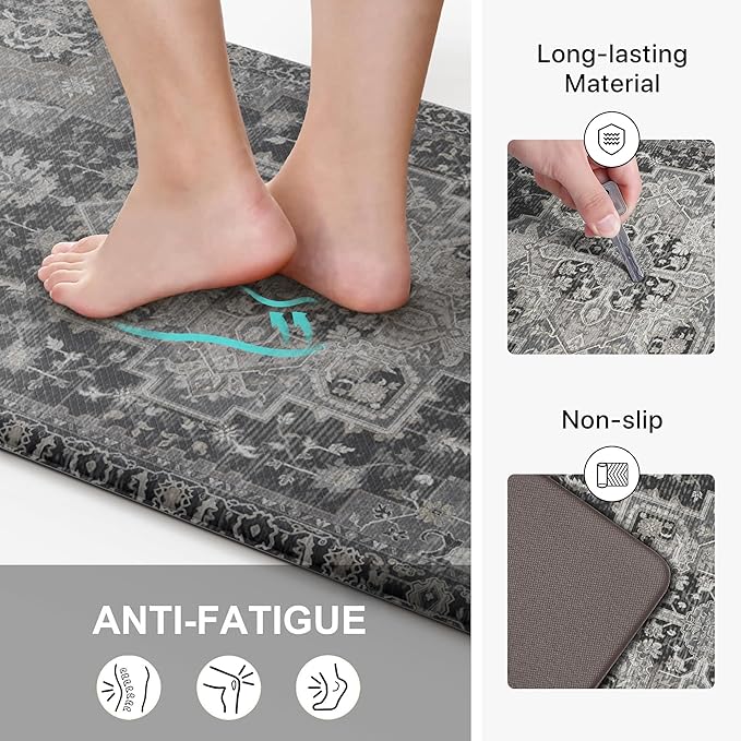 GENIMO Kitchen Mats for Floor 2PCs, Washable Anti Fatigue Mat for Cushioned, 17.3"x47"+17.3"x30", Waterproof Kitchen Rugs, Non Slip Comfort Standing Mat Rug for Home, Sink, Laundry, Dark Gray