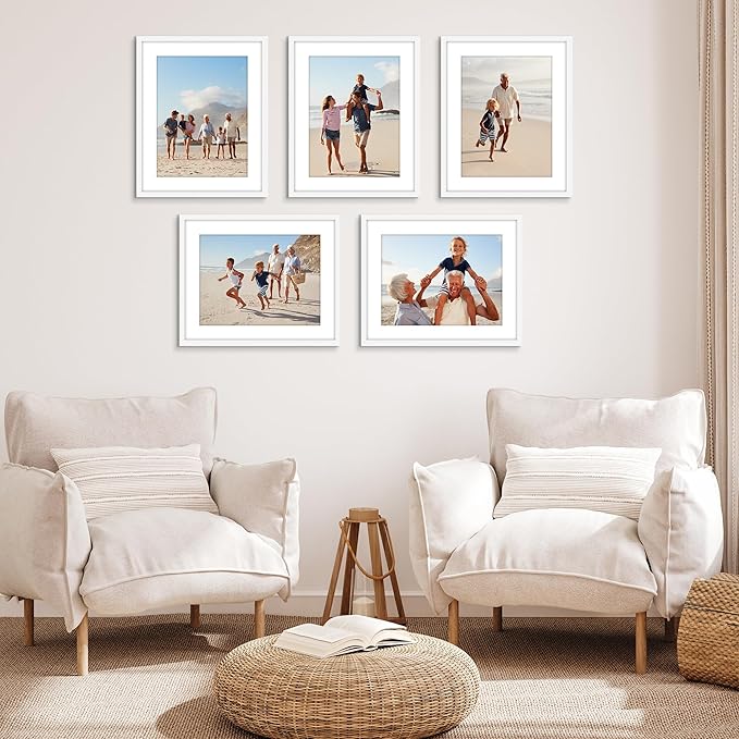 Americanflat 16x20 Picture Frame with Polished Plexiglass - Set of 5 - Use as 12x16 Frame with Mat or Display 16x20 Photo Without Mat - Galleria Collection - Picture Frames for Wall Display - White