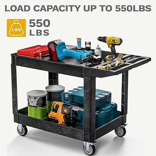 DWVO Utility Service Cart on Wheels, 550 lbs Capacity, 45 x 25 Inch Rolling Work Carts with Wheels, 2 Shelf Heavy Duty Plastic Cart Suitable for Warehouse, Garage, School & Office, Cleaning, Black