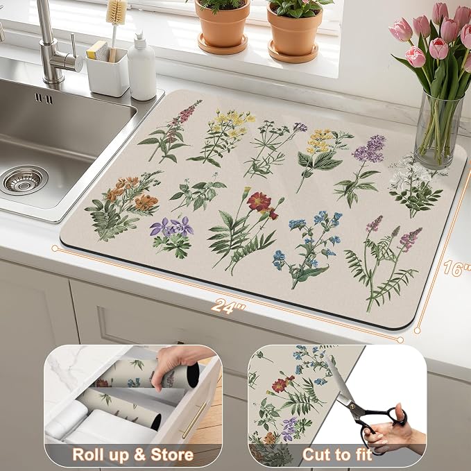 LOKHOM 16"x24" Dish Drying Mat，Vintage Sage Flower Herb Coffee Mat | Ultra - Image 2