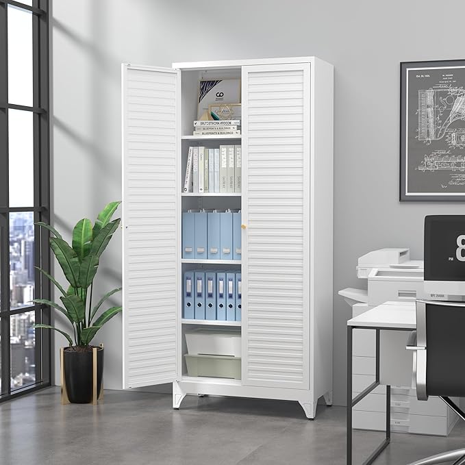 Kitchen Pantry Cabinet,75" Metal Storage Cabinet with Doors and 4 Adjustable Shelves,White Tall Locker Organizer Steel Garage Cabinets for Tool,File Cabinet for Office,Kitchen,Garage,School