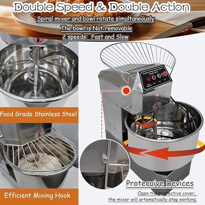 INTSUPERMAI Commercial Dough Mixer Machine Electric Food Mixer with Double Action Double Speed Spiral Mixing for Schools Bakeries Restaurants Pizzerias 110V (Standard Type, 50L)