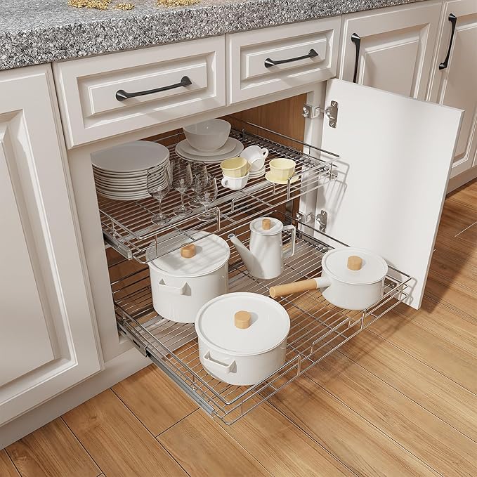 ROOMTEC Individual Pull Out Cabinet Organizer (27" W x 21½" D), 2 Tier Spice Rack Organizer for Cabinet, Slide Out Drawer Pantry Shelf Organization and Storage for Kitchen Bathroom