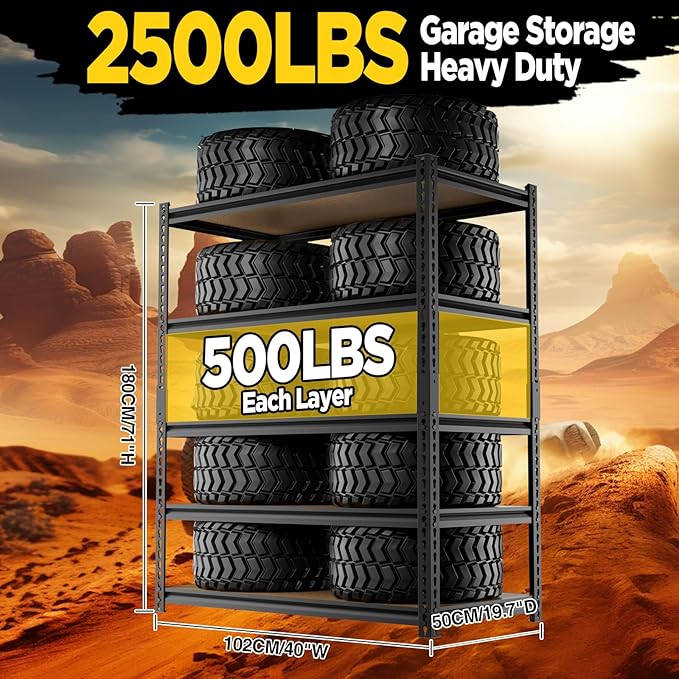 5-Tier 40”W X 19.7”D X 71”H Garage Storage Racks 2500LBS Garage Storage Heavy Duty Adjustable Metal Basement Shelving (Black)