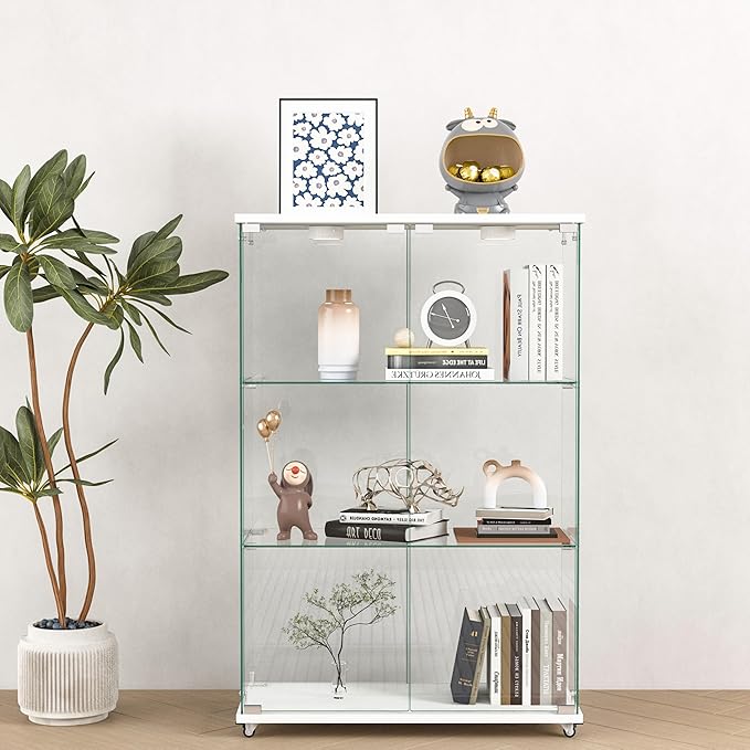 Yoluckea 3-Shelf Glass Display Cabinet with LED Lights, 2-Door Floor Standing Curio Cabinet with Universal Wheel for Home or Office, White Glass Bookshelf for Collections, Decor, and Corner Display