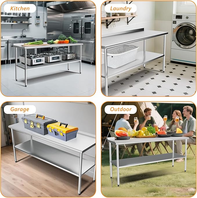 ROVSUN 72'' x 24'' Stainless Steel Table for Prep & Work,Commercial Worktables & Workstations,Heavy Dut Metal Table with Adjustable UnderShelf & Backsplash for Kitchen, Restaurant,Home,Hotel