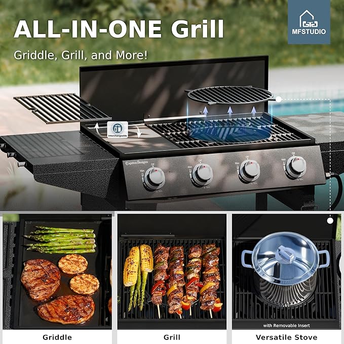 MFSTUDIO 3-in-1 Stove and Griddle Combo Gas Grill 4-Burner Propane Grills 52,000 BTU High Output for Outdoor Patio Barbecue and Meals