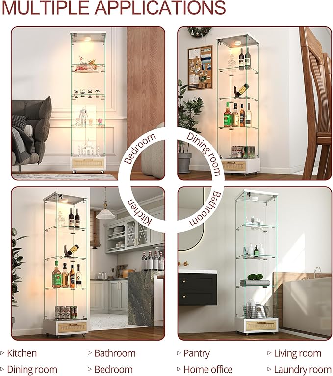 Yoluckea 4 Tiers Glass Display Cabinet with LED Lighting and Drawer, 1 Door Floor Standing Curio Cabinet with Wheel for Home, Office, Corner Display, White Glass Bookshelf for Collections and Decor