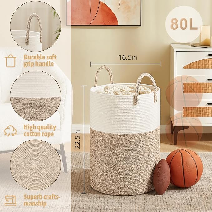 Artfeel Laundry Basket, Woven Cotton Rope Laundry Hamper, 80L - Image 6