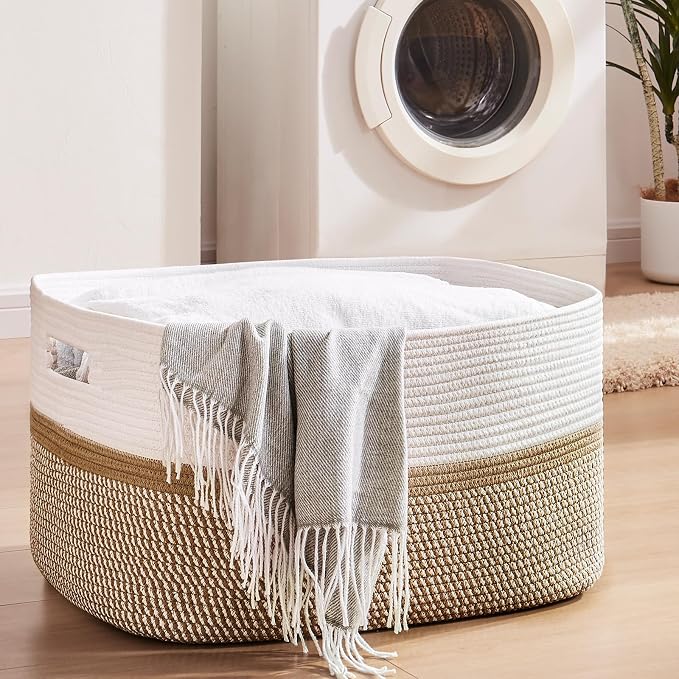 OIAHOMY Blanket Basket Laundry Basket Dog Toy Basket 75L Yellow/White - Image 2