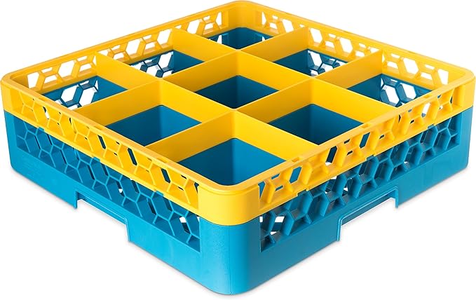 CFS RG9-1C411 OptiClean 9 Compartment Glass Rack with 1 Extender, 5.56", Polypropylene, Yellow/CFS Blue