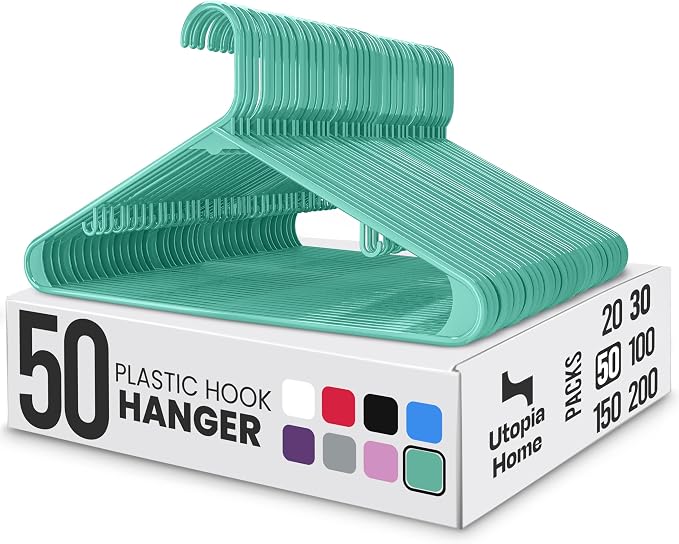 Utopia Home Plastic Hangers 50 Pack – Built-in Strap Hooks Aqua | Space saving by UTOPIAHOME