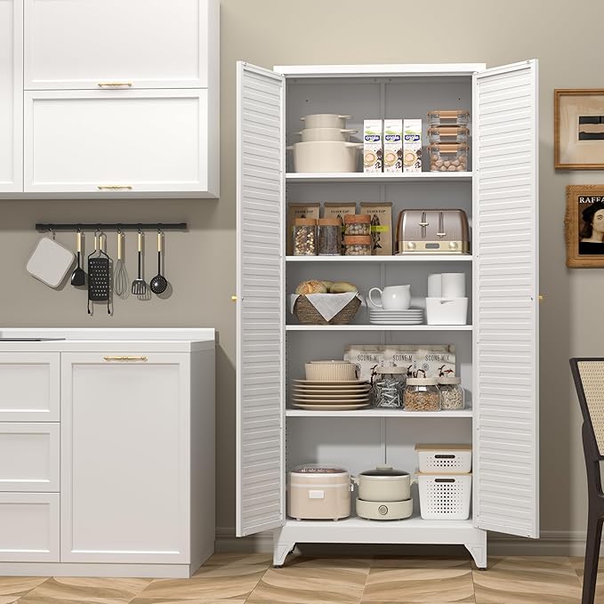 Kitchen Pantry Cabinet,75" Metal Storage Cabinet with Doors and 4 Adjustable Shelves,White Tall Locker Organizer Steel Garage Cabinets for Tool,File Cabinet for Office,Kitchen,Garage,School
