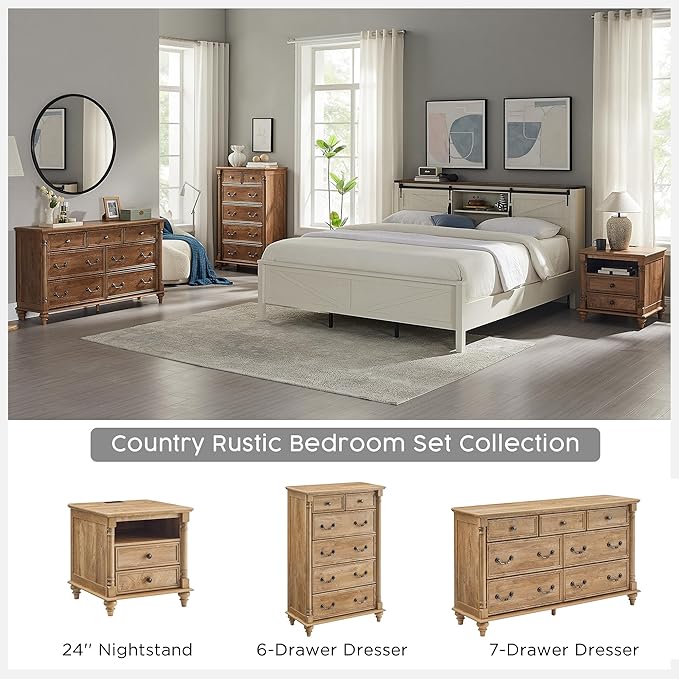 T4TREAM Farmhouse 7 Drawers Dresser Chests for Bedroom with 4 Solid Wood Feet, Tall Wide Wood Country Rustic Chest of Drawers, Storage Dressers for Bedroom, Living Room, Light Tree Knot