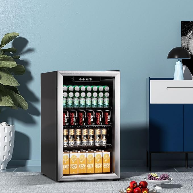3.1 Cu.ft Beverage Refrigerator Cooler, 110 Can Mini Fridge with Glass Door, Digital Temperature Display for Soda, Beer or Wine For Office Bar with Adjustable Removable Shelves