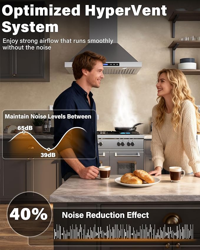 36 inch Stainless Steel Wall Mount Range Hood - 900 CFM, Ultra-Quiet 4-Speed Vent, Touch/Remote Control LCD, LED Lights, Ducted/Ductless Convertible