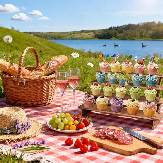 4 Tier Cupcake Stand for 24 Cupcakes - Wooden Tiered Display Stand, Rustic Wood Display Risers for Vendor Events, Cup Cake, Dessert, Spice Rack, Candles, Matcha Station, No Tools Required to Install