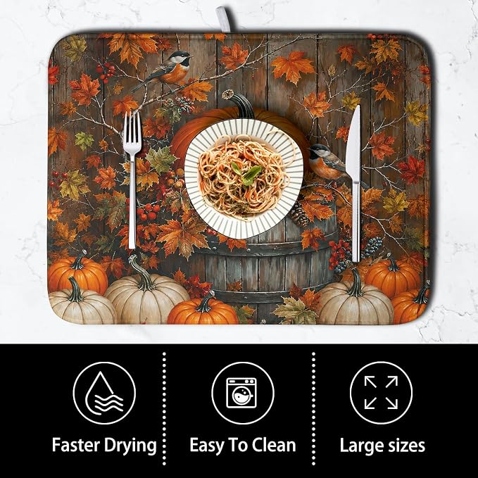 Fall Dish Drying Mat for Kitchen Counter 18x24 Autumn Pumpkin Maple Leaves - Image 4