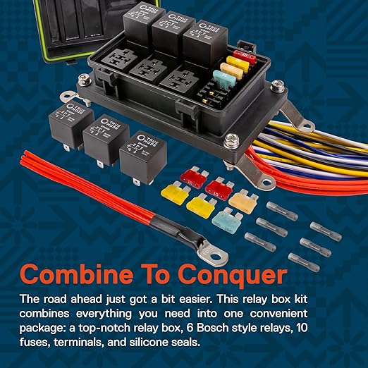 True Mods Waterproof 12V Fuse Relay Box Block Kit w/Pre-Wired Harness [12 & 16AWG] 6 Gang Bosch Style 5Pin 30A/40A Universal Relay & Fuse Panel for DC Auto Automotive Vehicle Car Marine Boat Jeep UTV