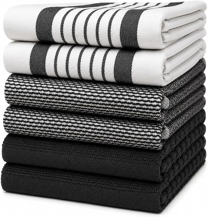 Premium Kitchen Towels 6 Pack 100% Cotton 20"x28" Dish Towels Black Striped by BumbleTowels