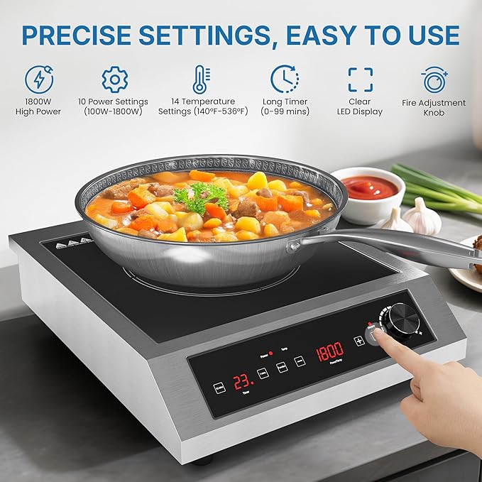 Commercial Induction Cooktop 1800W, Professional Electric Countertop Burner, 10 Power & 14 Temp Setting, Induction Hot Plate with Timer, Electric Stove with LED Screen, Black