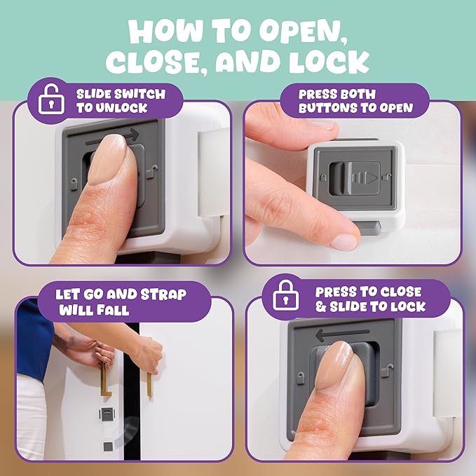 6 Pack Child Safety Cabinet Locks – Baby Proof Drawers, Cabinets, Toilets & Appliances – Adjustable Strap 4.5”–7.5”, Optional Double Lock, No-Drill 3M Adhesive, Easy for Adults