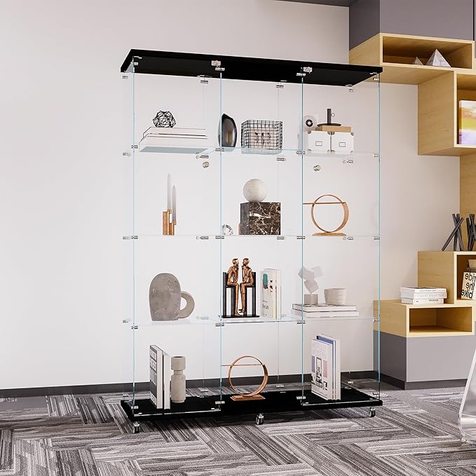 66.5" H 4-Shelf Extra Large Glass Display Cabinet with Double Doors,Modern Floor Standing Curio Cabinet Bookshelf Collection Display Case with Lockable Casters & Lock for Living Room (Black)