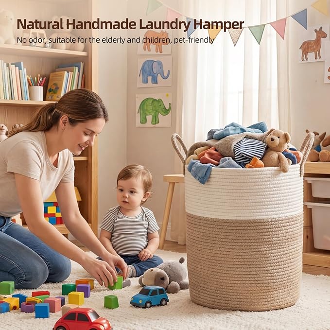 OIAHOMY 60L Nursery Hamper Laundry Basket Laundry Hamper Brown/White - Image 5
