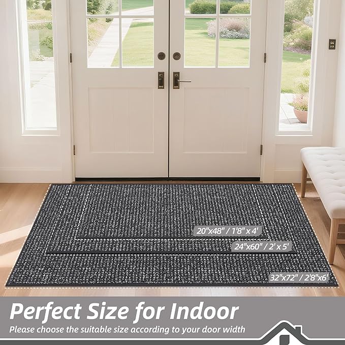 BEQHAUSE Dirt Trapper Door Mat 24" x 60", Non-Slip Washable Doormats Entrance Mat, Dirt Resistant and Absorbent Welcome Mat, Low Profile Floor Mats for Front Back Door and Entryway, Charcoal