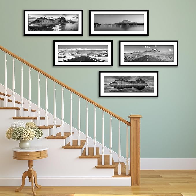 Americanflat 11x27 Picture Frame with Polished Plexiglass - Set of 5 - Use as 8x24 Frame with Mat or Display 11x27 Photo Without Mat - Galleria Collection - Picture Frames for Wall Display - Black