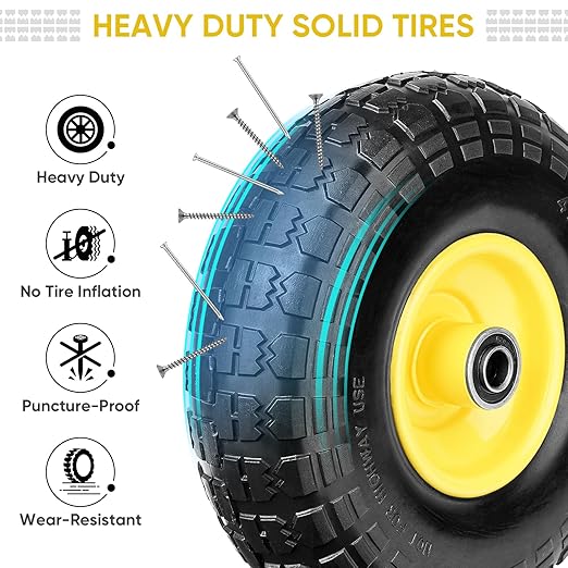 TICONN 10" Solid Tires, 2 Pack Flat Free 4.10/3.50-4'' Wheels with 5/8” Axle Bore Hole and Double Sealed Bearings (Yellow, 2PK)