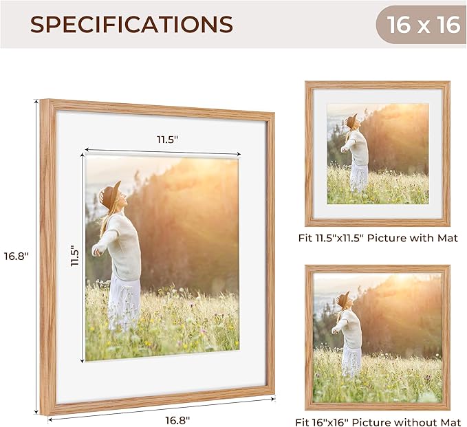 16x16 Picture Frames, Solid Oak Wood Photo Frame 16 by 16, Rustic Wooden Square Picture Frame with Tempered Real Glass, 16 x 16 Square Frame Matted to 12 x 12, Natural Color, Set of 2