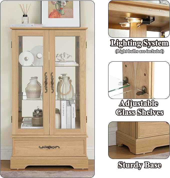 47" H Lighted Curio Cabinet Display Case, Glass Cabinets with Adjustable Shelves,Tempered Glass Door and Drawer, Wooden Curio Cabinet with Mirrored Back Pane for Living Room (Light Oak)