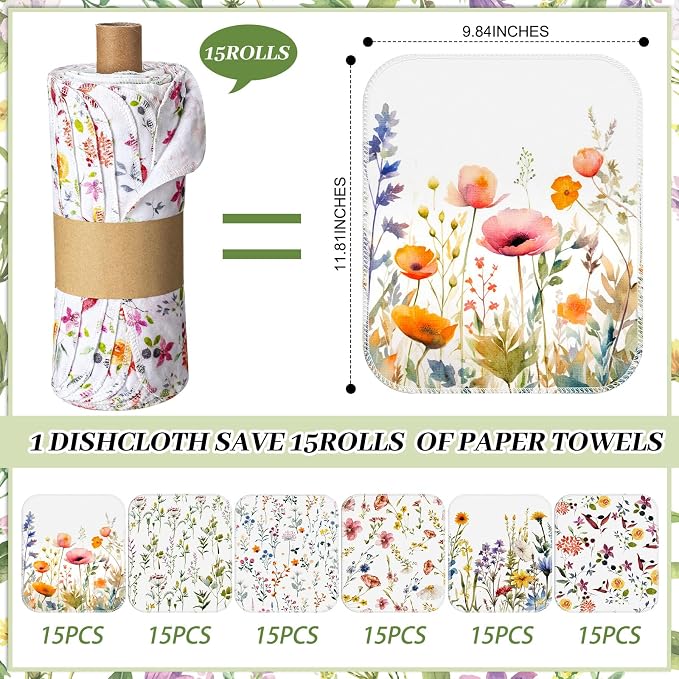 Reusable Kitchen Cloths Cotton Towel, 90 Pack, Wildflowers - Image 2