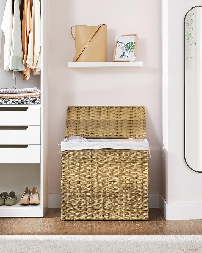 SONGMICS Laundry Hamper with Lid, 130L Double Wicker Basket, 6 Mesh Bags - Image 9