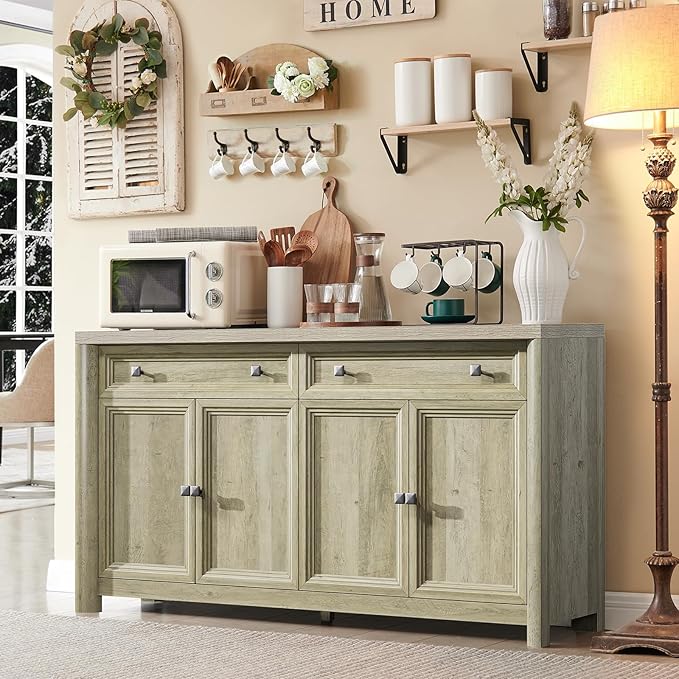 Farmhouse Buffet Cabinet with Storage, 59" Large Sideboard Credenza with Adjustable Shelves & 4 Doors, Wood Rustic Kitchen Coffee Bar Console for Table Living Room, Natural