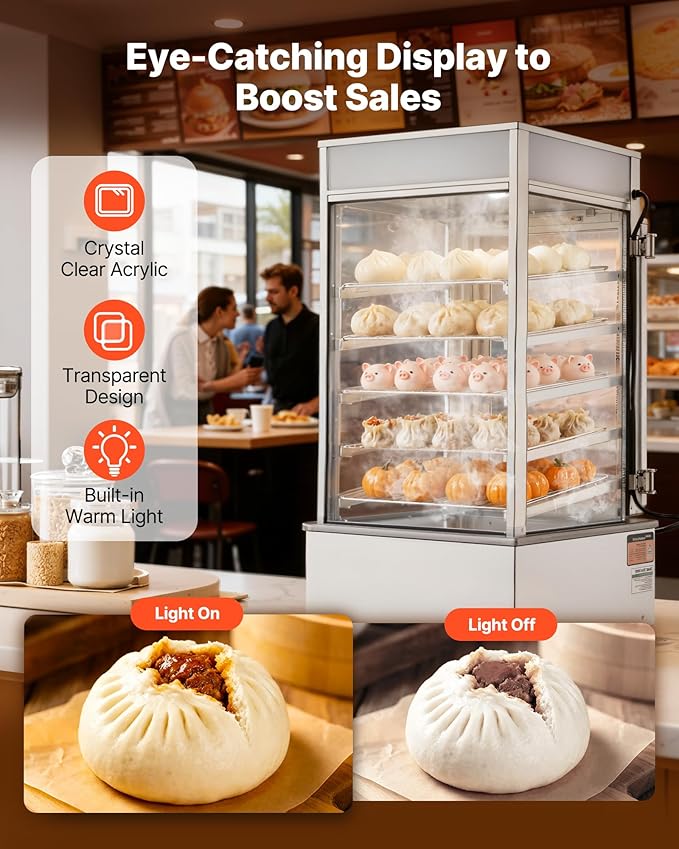 VEVOR 5-Tier Commercial Food Warmer Display, 1200W Food Display Warmer with LED Light, Adjustable Shelf & Stainless Steel Frame, 86℉~230℉ Steam Heating, 120L for Hamburger, Pizza, Bread, Fried Chicken