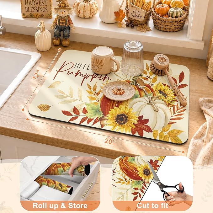 LOKHOM 12"x20" Fall Dish Drying Mat，Autumn Harvest Hello Pumpkin Sunflower | - Image 2