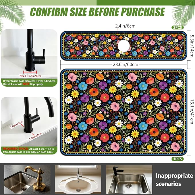 3 Pcs 2 Size Kitchen Sink Splash Guard Faucet Mat Bohemian Flowers Pattern - Image 2