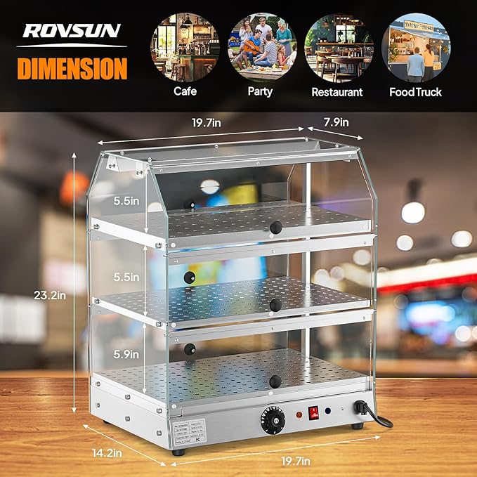 Bonnlo Commercial Food Warmer Display Pizza Warmer, 3-Tier Electric Countertop Food Warmer with LED Acrylic Door Removable Shelves Temp Control, Food Display Warmer for Buffet Restaurant, 120V 500W